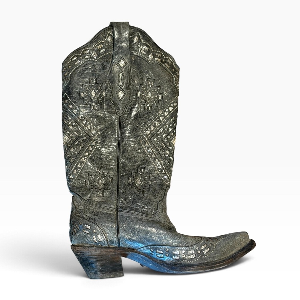 Corral Silver Black Leather Glitter Inlay Embroidered Western Cowboy Boots 7M